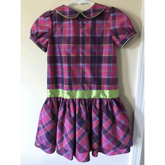 Hanna Andersson Girls Lined Puff Sleeve Pleated Tulle Dress Purple Plaid Sz 120 - Picture 2 of 4